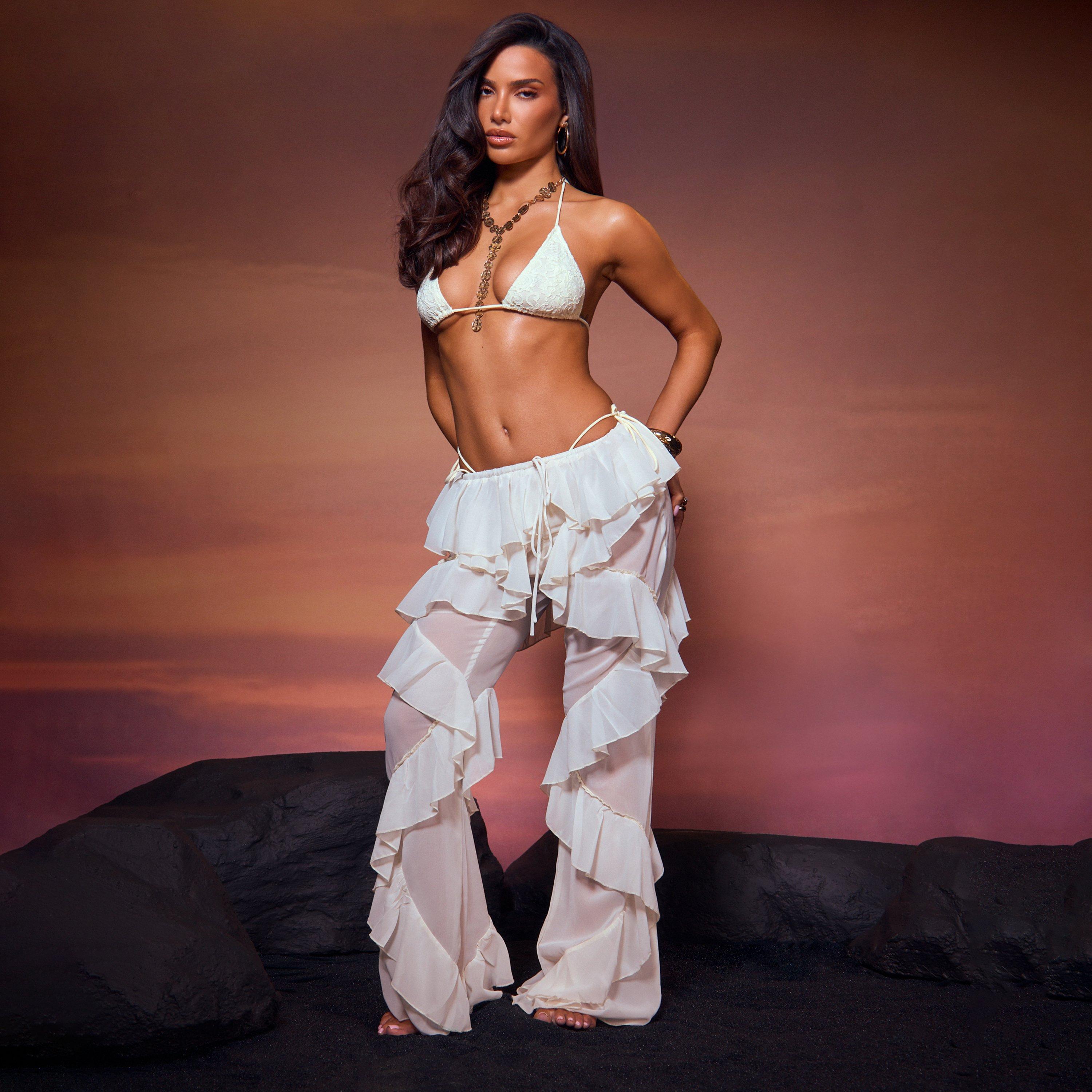 Tie Waist Frilled Detail Trousers In Cream, Women's Size UK 12