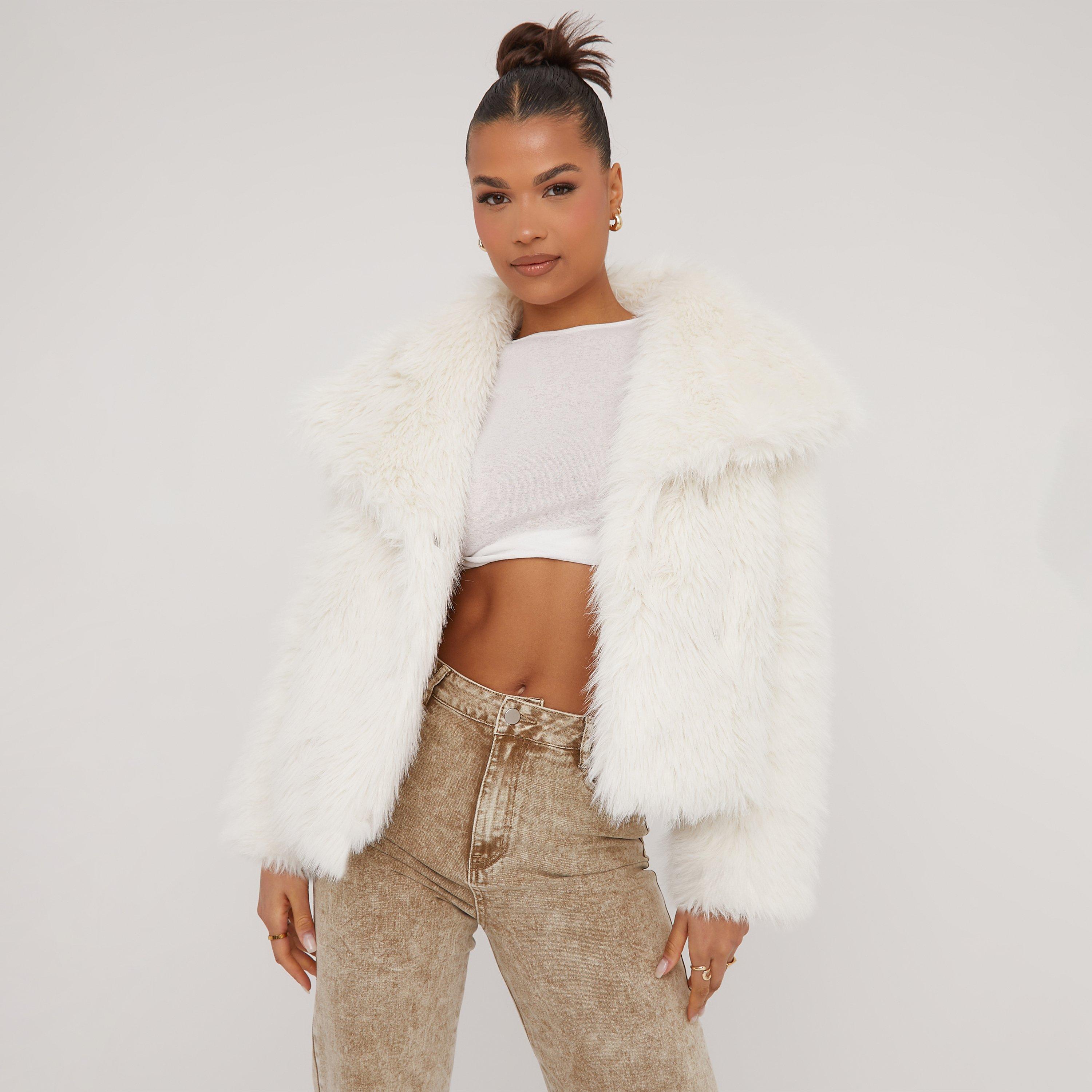 Oversized Collar Detail Cropped Jacket In Ivory Faux Fur, Women's Size UK 10
