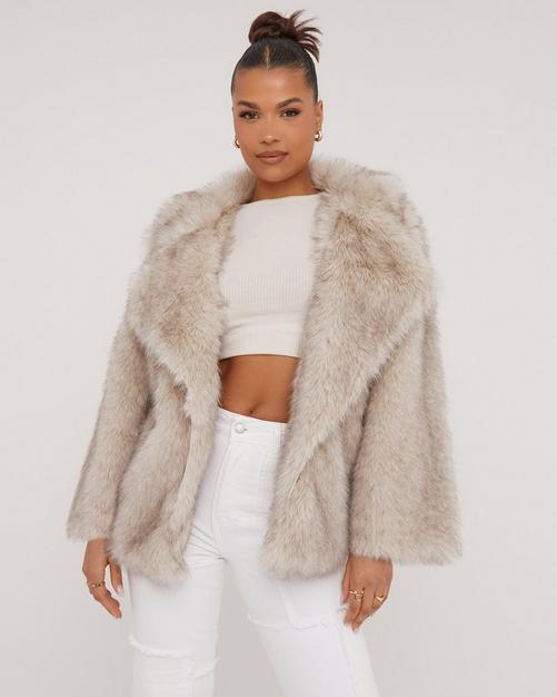 Faux Fur Lined Zip Detail Aviator Jacket in Ivory - Roman Originals UK