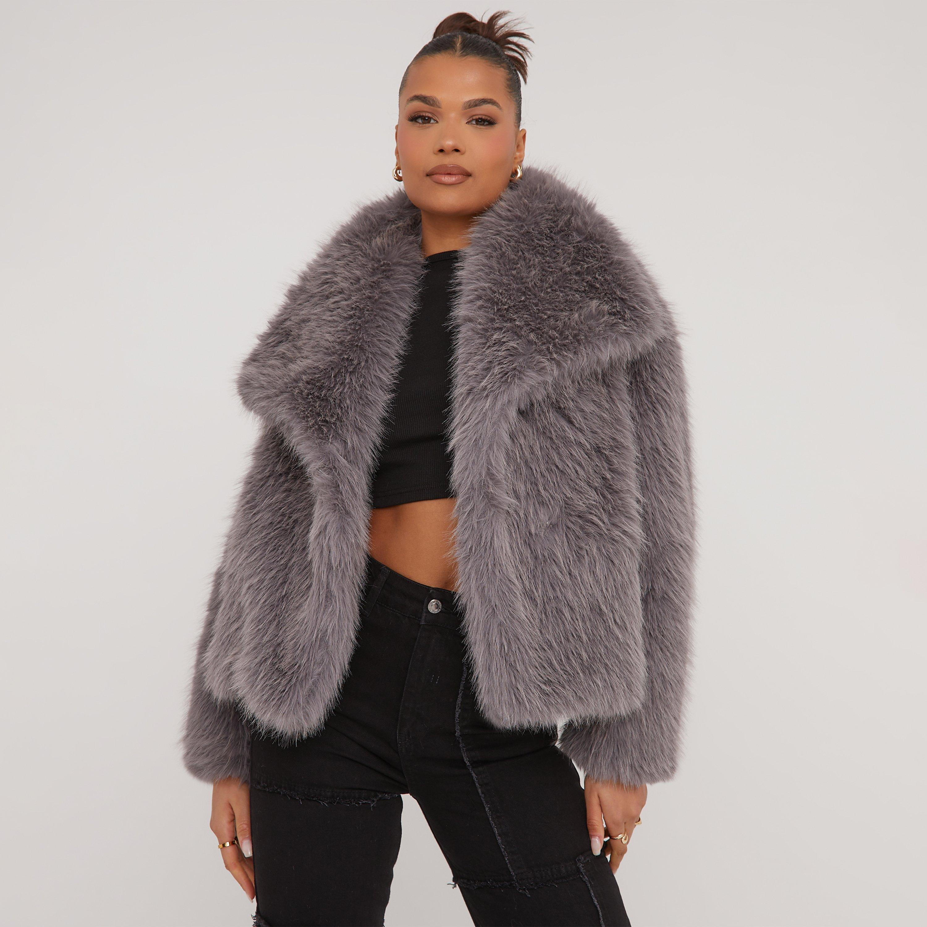 Oversized Collar Detail Cropped Jacket In Grey Faux Fur, Women’s