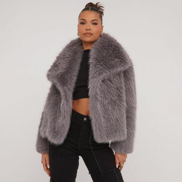 Grey fur hot sale coat missguided