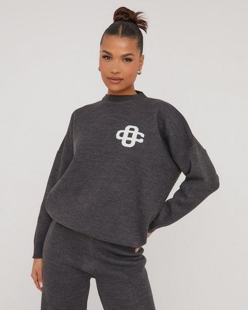 High Neck Oversized Contrast Swirl Detail Sweatshirt In Grey Knit 