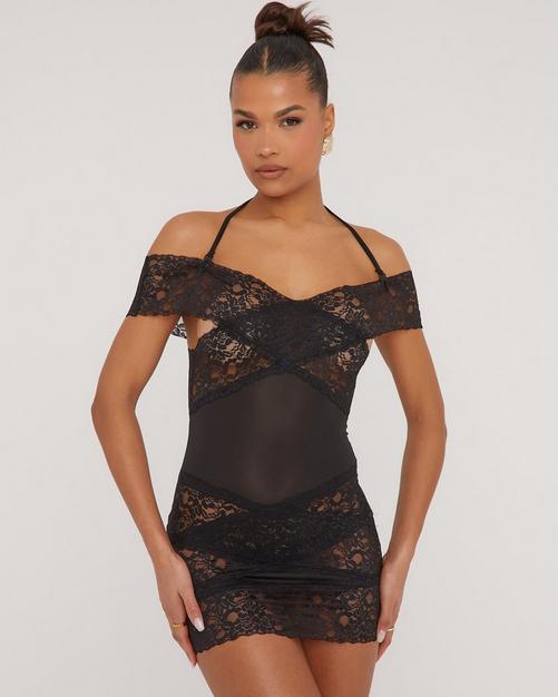 Black Lace Cross Over Glove Detail Bodycon Dress