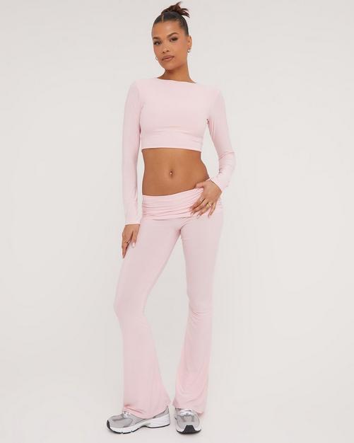 Long Sleeve Collared Detail Top And High Waist Leggings Co-Ord Set In Cream  Ribbed Knit