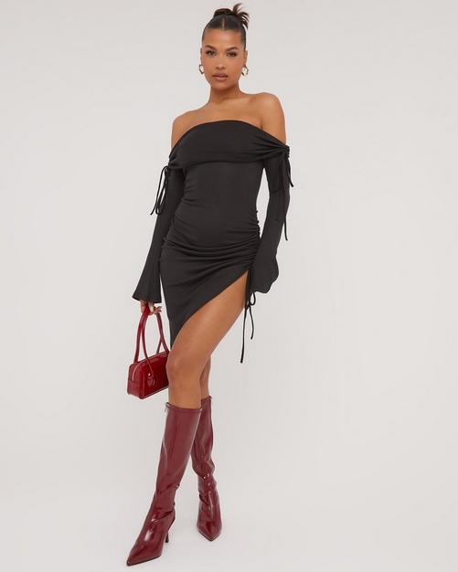 Strapless Asymmetrical Ruched Side Slit Mini Dress