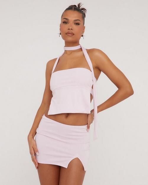 Long Sleeve Cross Back Detail Crop Top And Knot Detail Mini Bodycon Skirt  Co-Ord Set In White Slinky