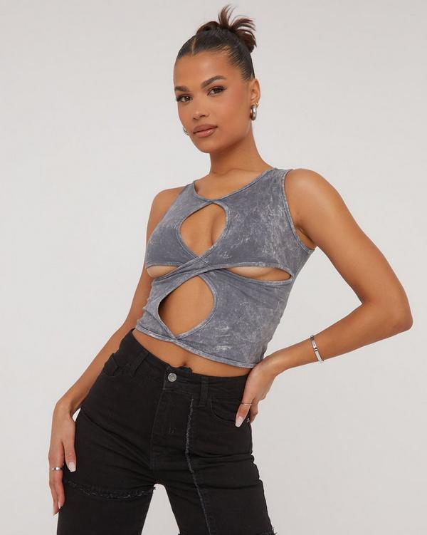 Racer Cross Cut Out Detail Top In Grey Acid Wash