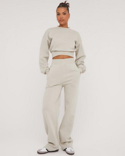 Taupe Woven Fold Over Waist Detail Wide Leg Pants