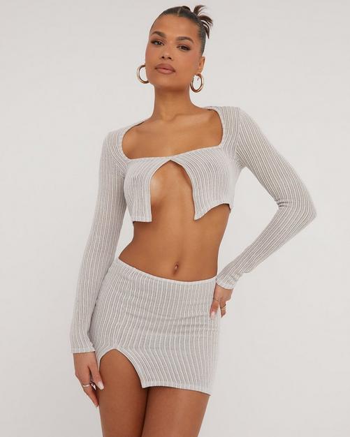 Long Sleeve Tie Waist Detail Zip Up Cropped Cardigan In Stone Knit