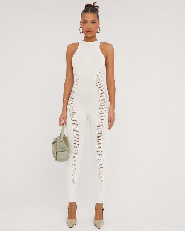 Kora Cream Ribbed Seamless Strappy Jumpsuit