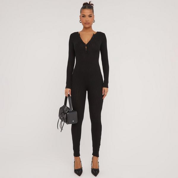 Black Rib Cross Over Long Sleeve Jumpsuit