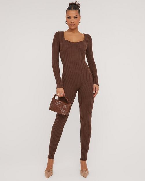 Chocolate Contour Rib Long Sleeve Corset Jumpsuit