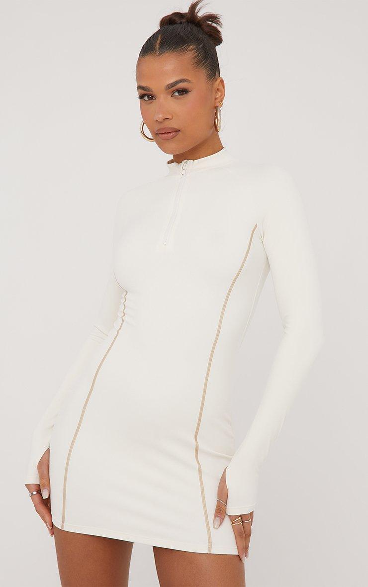 Long Sleeve Sculpt Seam Detail Zip Up Front Mini Bodycon Dress In Cream  Slinky | EGO US | EGO