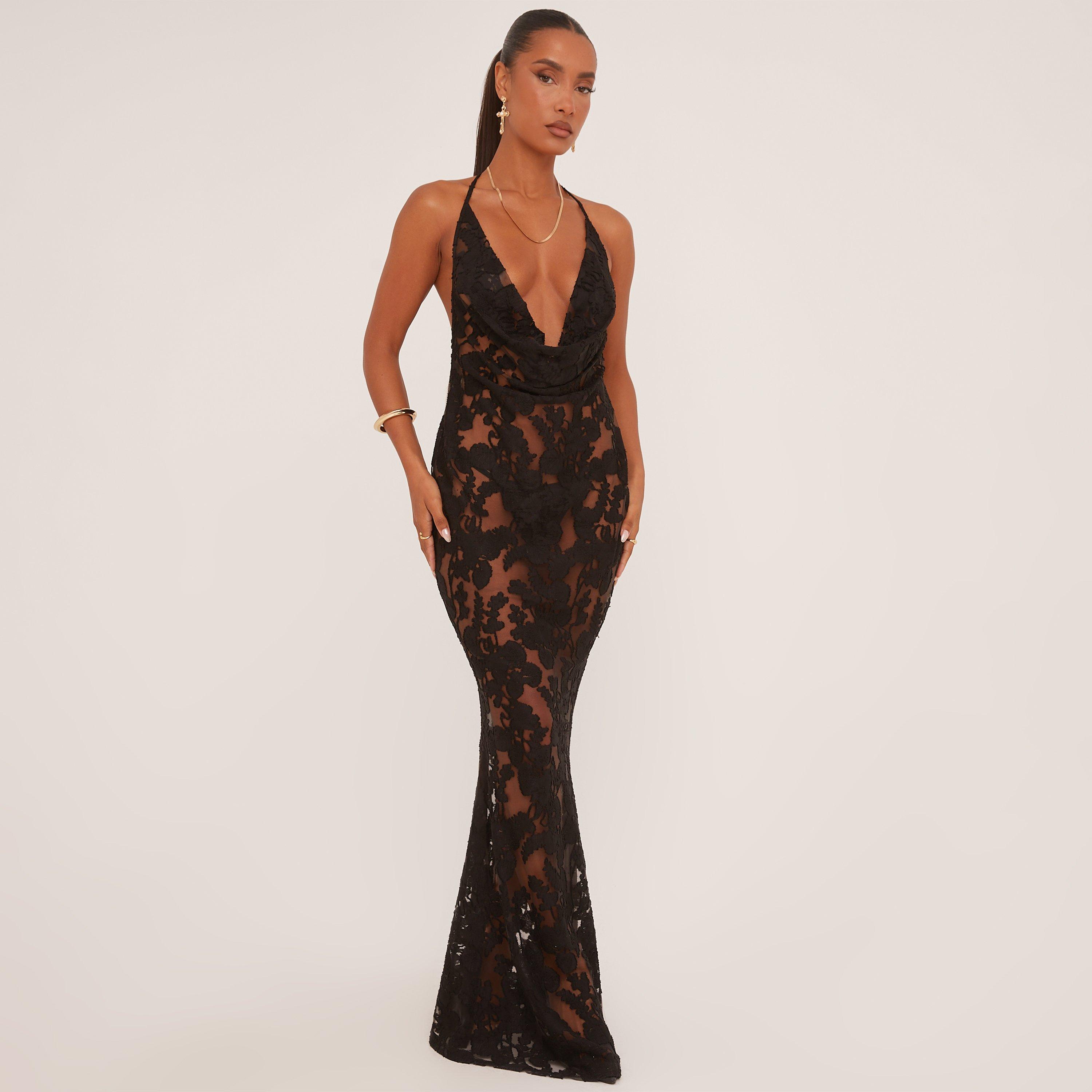 Extreme Cowl Neck Open Back Maxi Dress In Black Sheer Floral Devore, Women’s