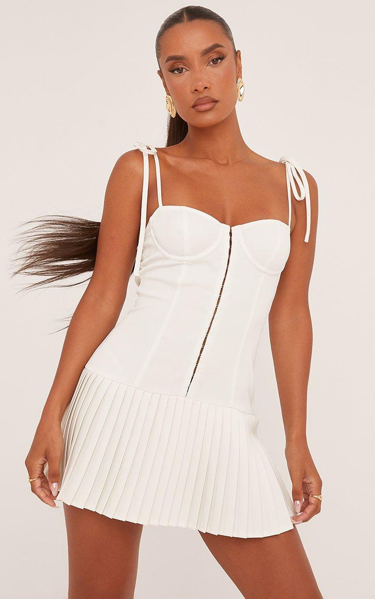 Tie Straps Hook And Eye Front Pleated Mini Dress In Stone Woven | EGO US |  EGO