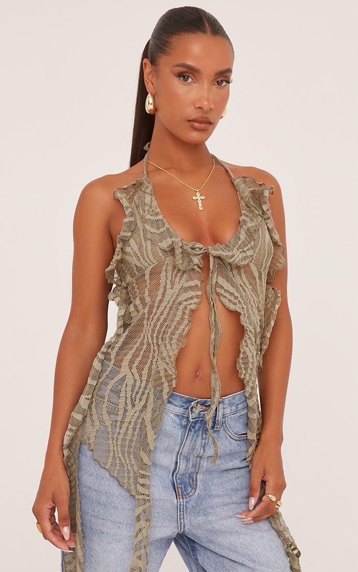 Halterneck Frill Detail Maxi Top In Khaki Green Textured Lace
