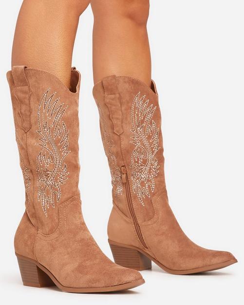 Eclipse Embroidered Detail Pointed Toe Mid Calf Western Cowboy Boot In Tan Brown Faux Suede