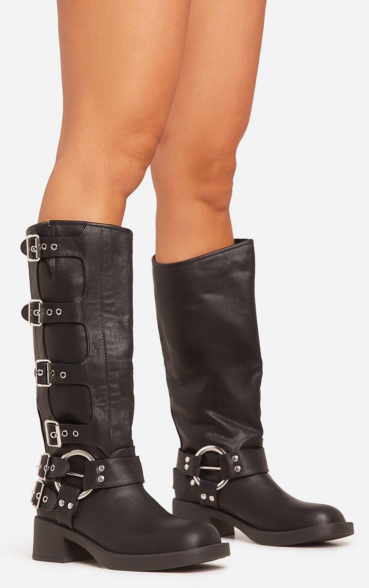 Buckle-Down Side Buckle Detail Mid Calf Biker Boot In Black