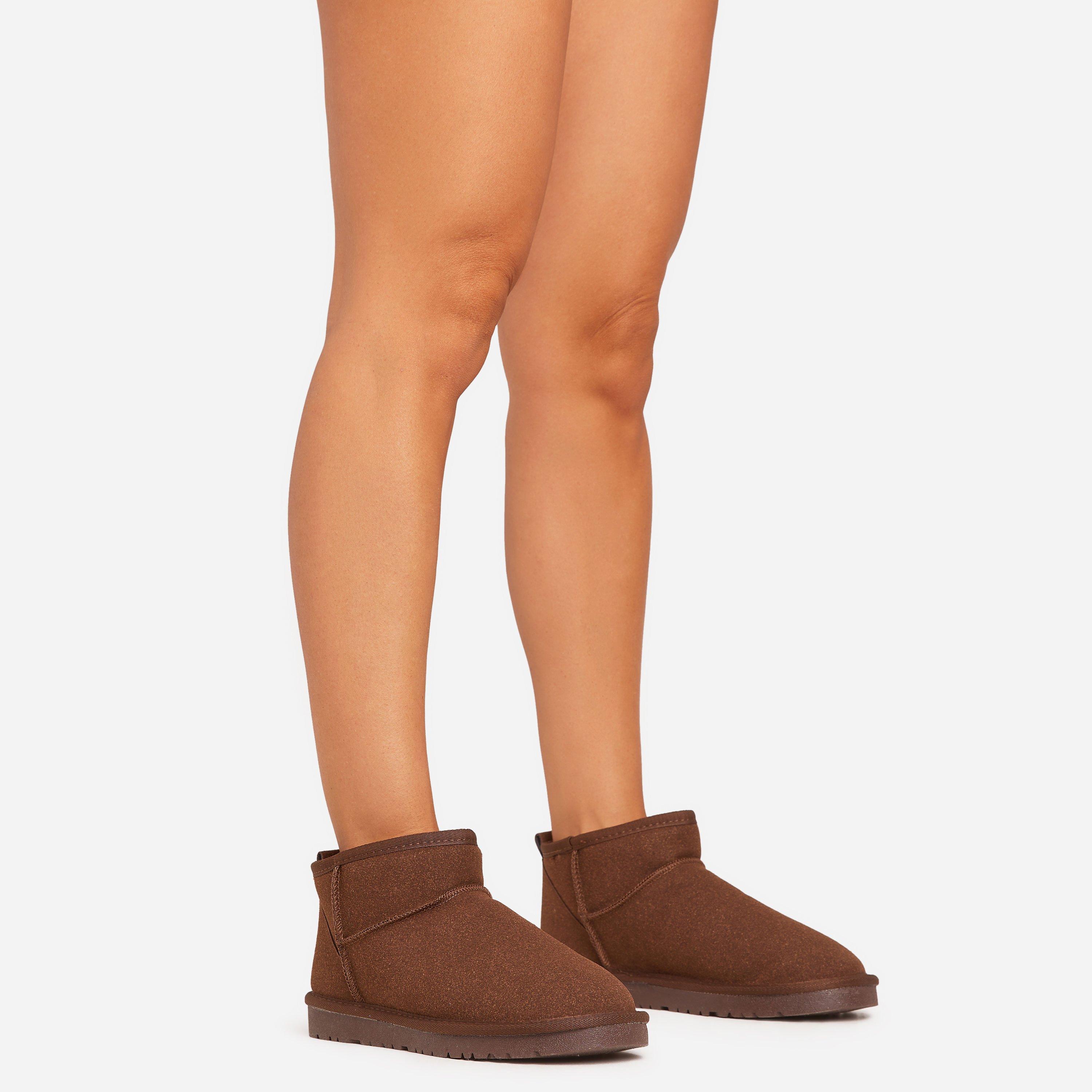 Ultra Mini Ankle Length Faux Fur Lining Boots In Dark Brown Faux Suede, Women’s