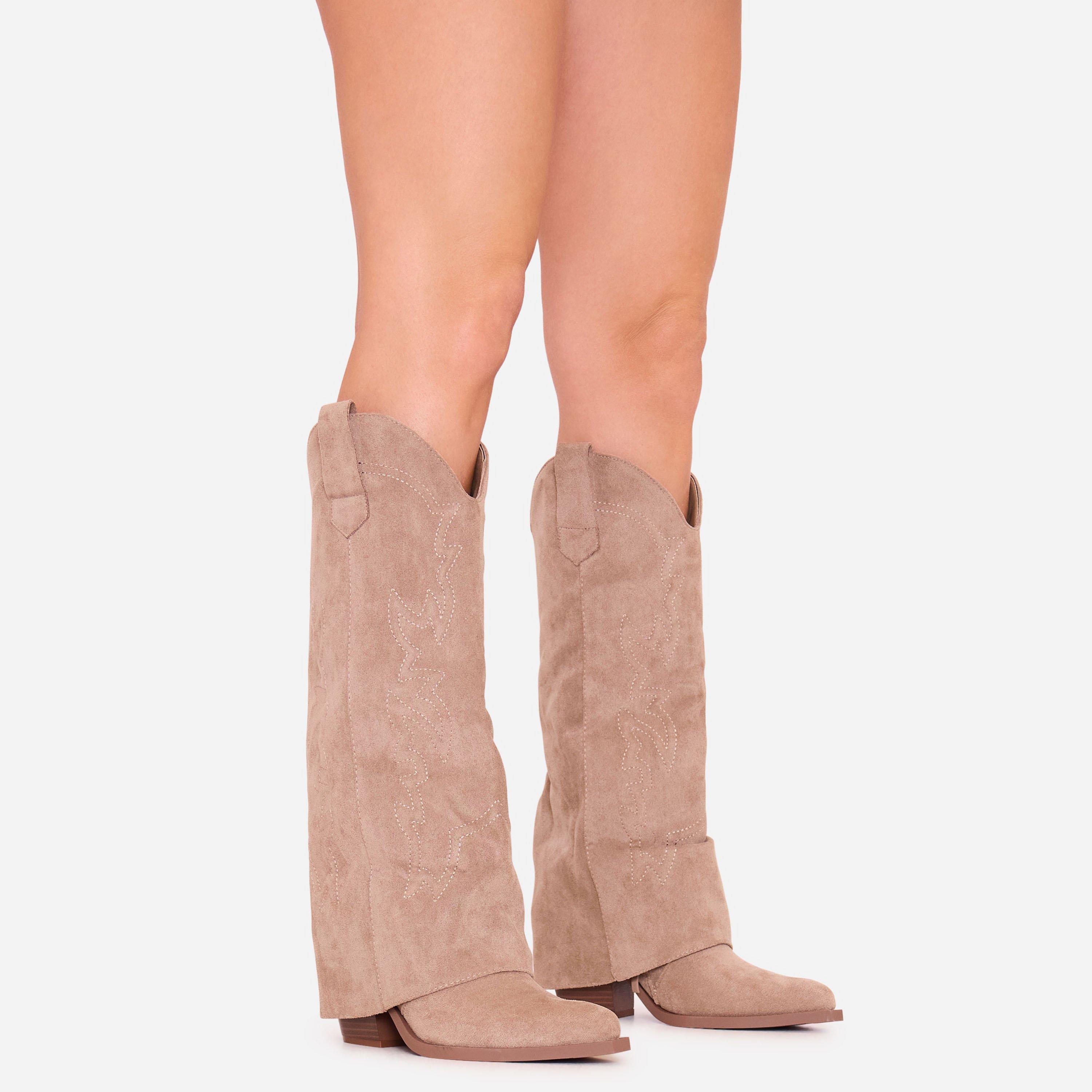 Portabella Embroidered Detail Pointed Toe Knee High Long Western Cowboy Boot In Taupe Faux Suede, Women's Size UK 7