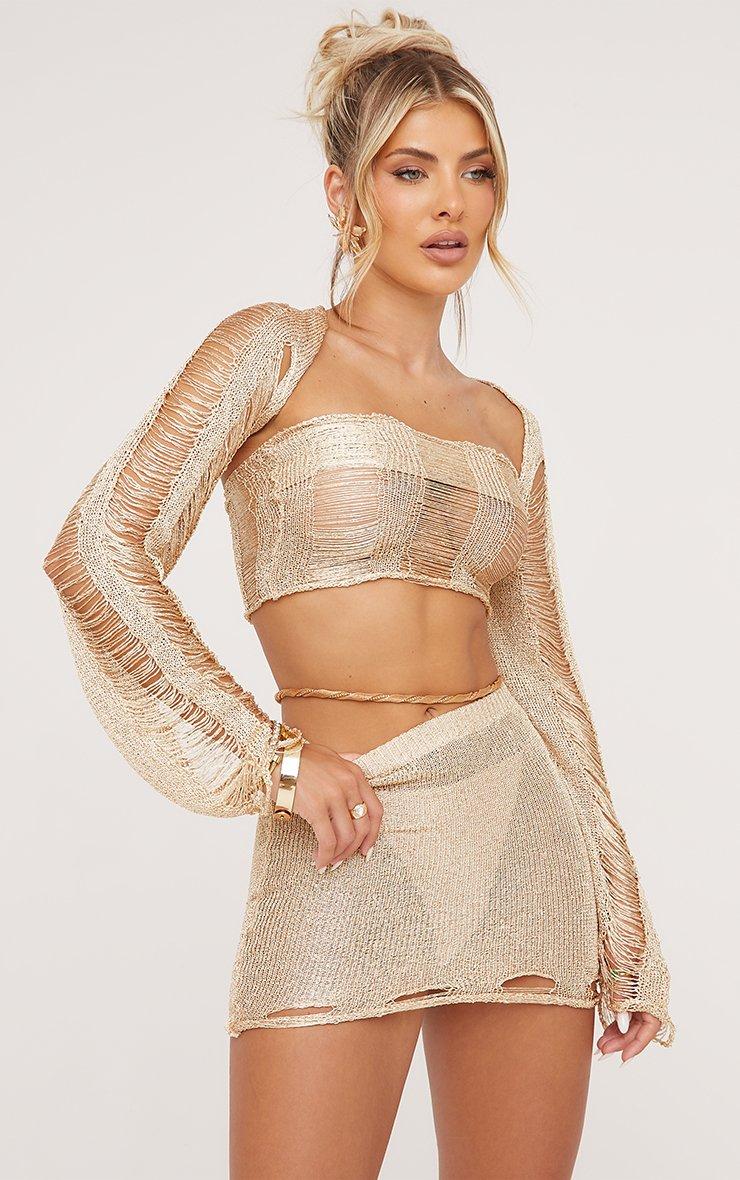 High Waist Distressed Detail Mini Bodycon Skirt In Gold High Waist Distressed Detail Mini Bodycon Skirt In Gold