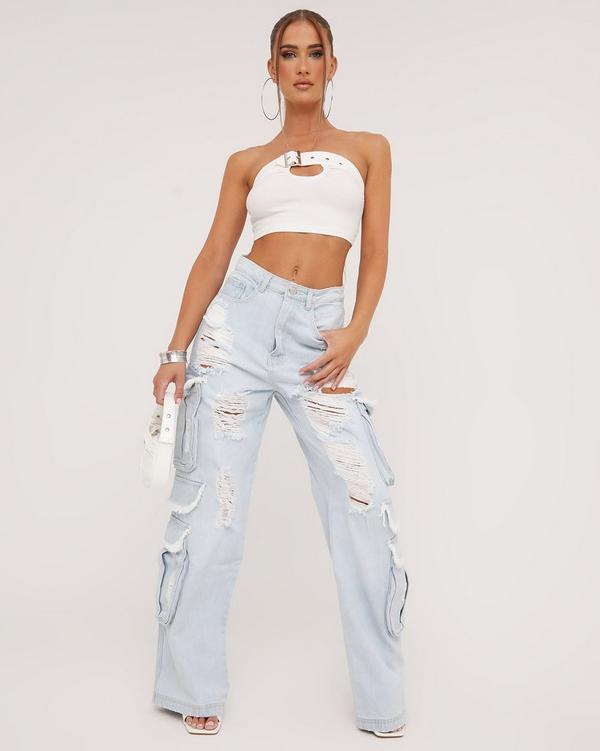 WIDE LEG CARGO JEANS - Light blue