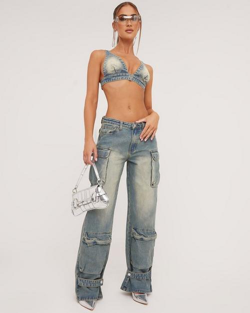 Grey Acid Wash Low Rise Baggy Cargo Jeans