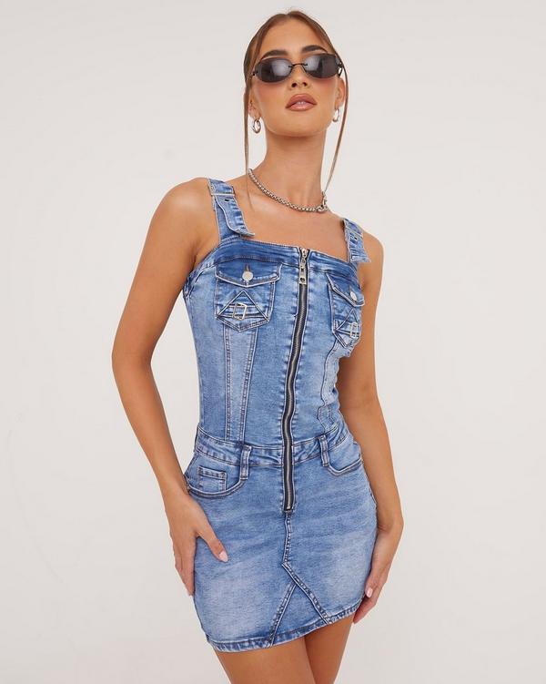 Denim zip best sale front bodycon dress