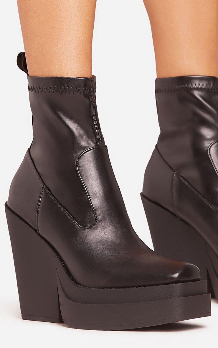 Aki Square Toe Platform Wedge Heel Ankle Sock Boot In Black
