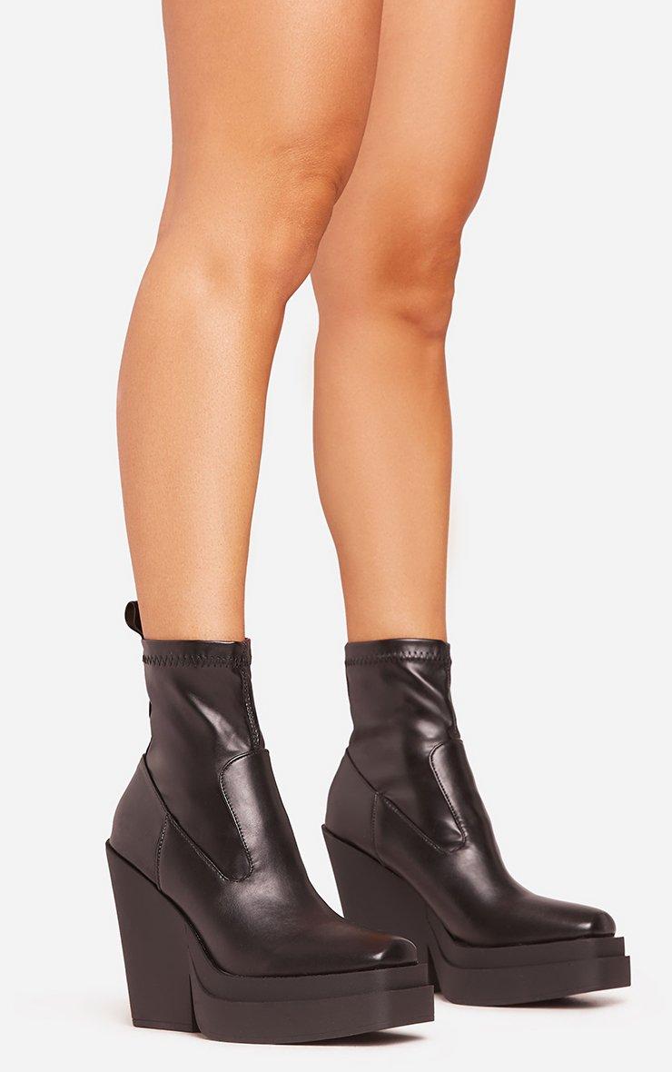 Aki Square Toe Platform Wedge Heel Ankle Sock Boot In Black Faux Leather |  EGO US | EGO, image size:740x1180