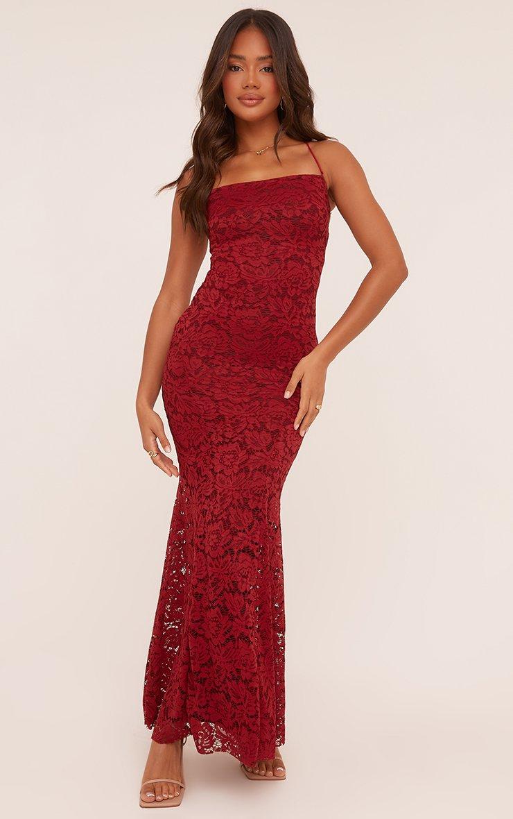 red lace maxi dress Open Back Bust Lining Bandeau Lace Up Back Maxi