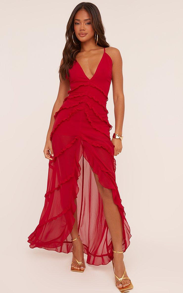 紅綸子襦袢13.5m Plunge Neck Frill Detail Split Leg Maxi Dress In Red Mesh