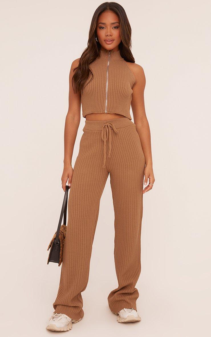 High Waist Wide Leg Trousers In Brown Rib Knit | EGO US | EGO
