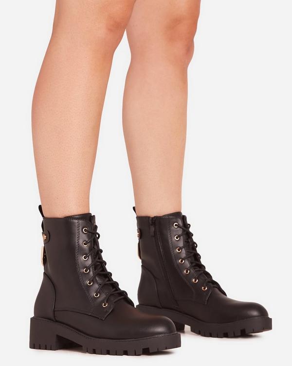 Zeasty Lace Up Chunky Ankle Biker Boot In Black Faux Leather EGO