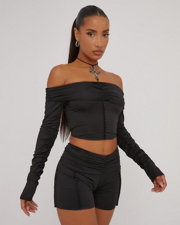 Fold Over Bardot Ruched Detail Crop Top And Booty Shorts Co-Ord