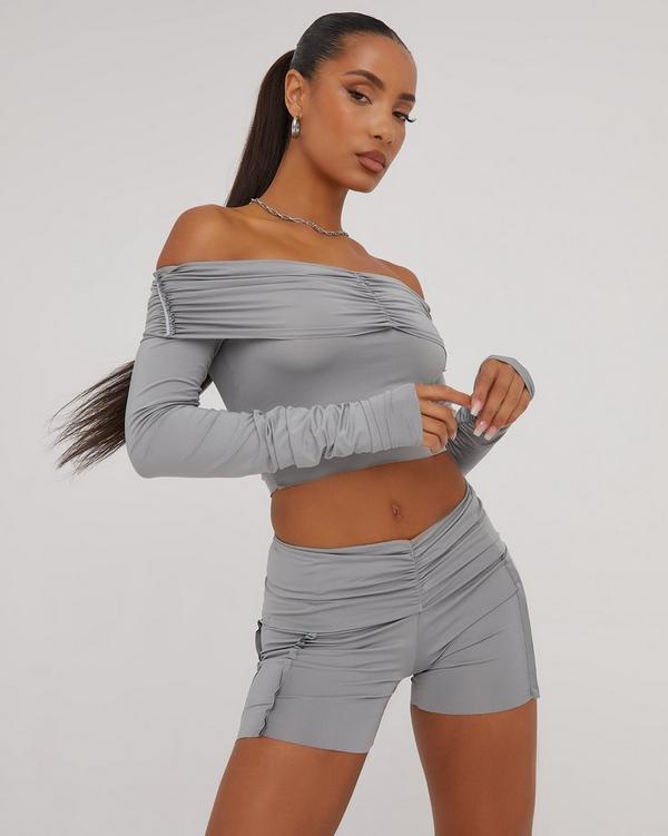 Fold Over Bardot Ruched Detail Crop Top And Booty Shorts Co-Ord Set In Grey  Slinky