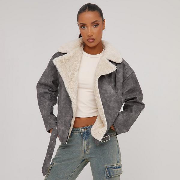 grey faux fur aviator jacket