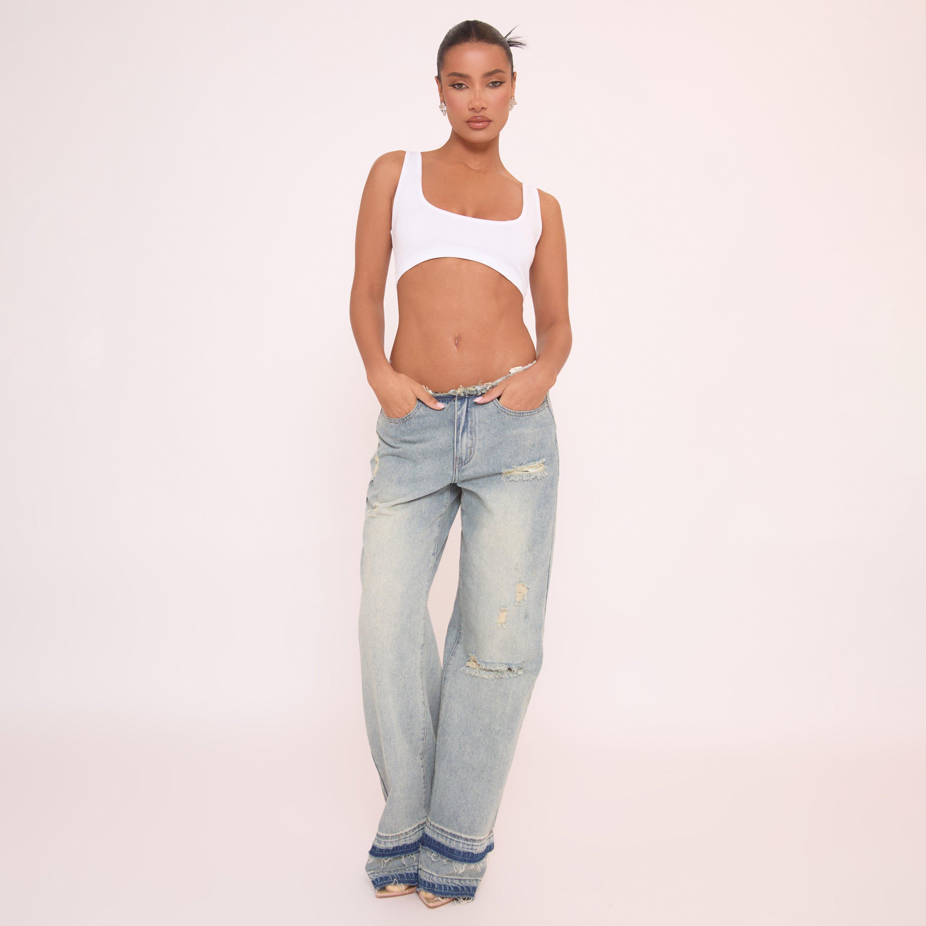 Low Rise Frayed Distressed Hem Detail Straight Leg Jeans In Blue Denim, Women's Size UK 4