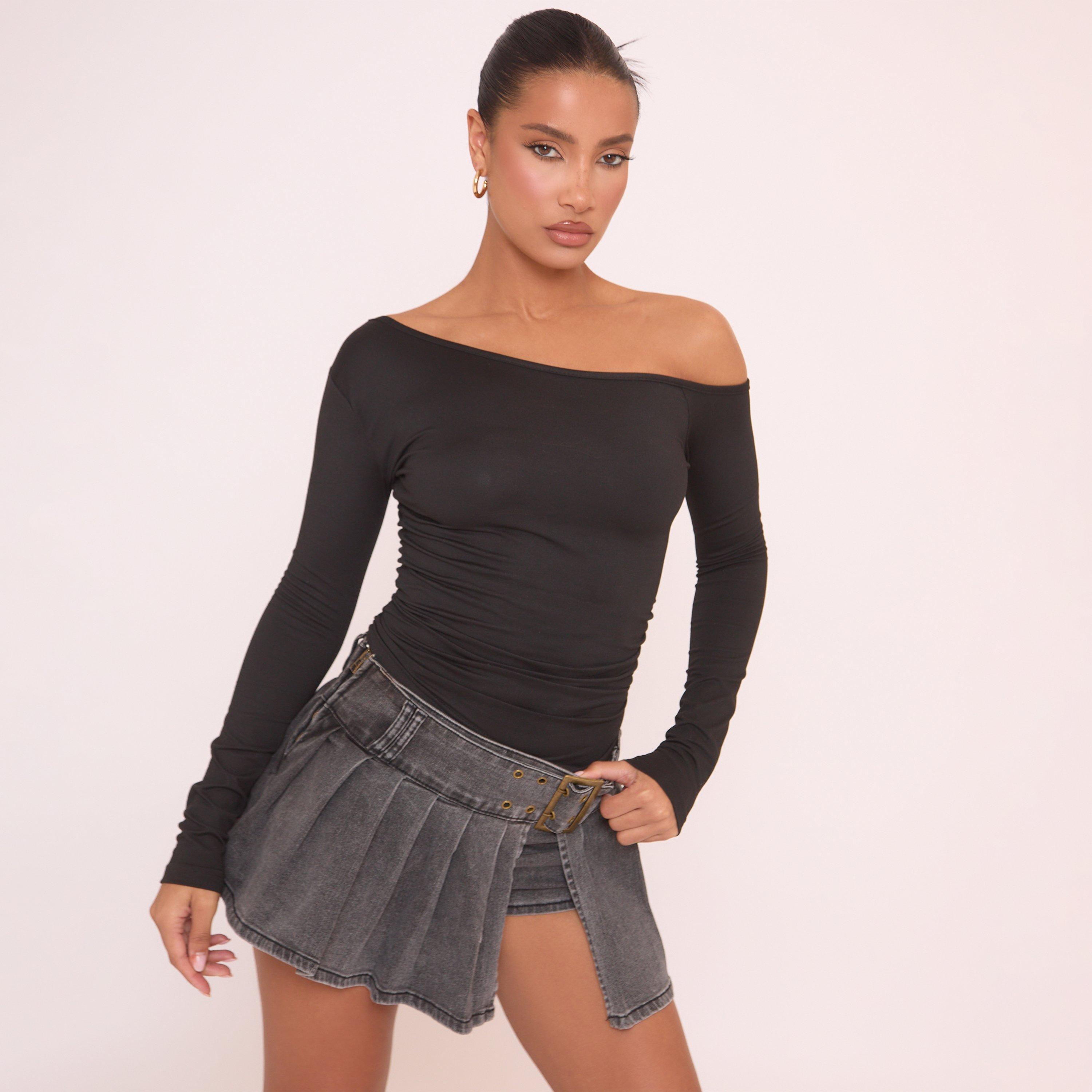 Mid Rise Chunky Belt Detail Side Split Pleated Mini Skort In Grey Denim, Women’s