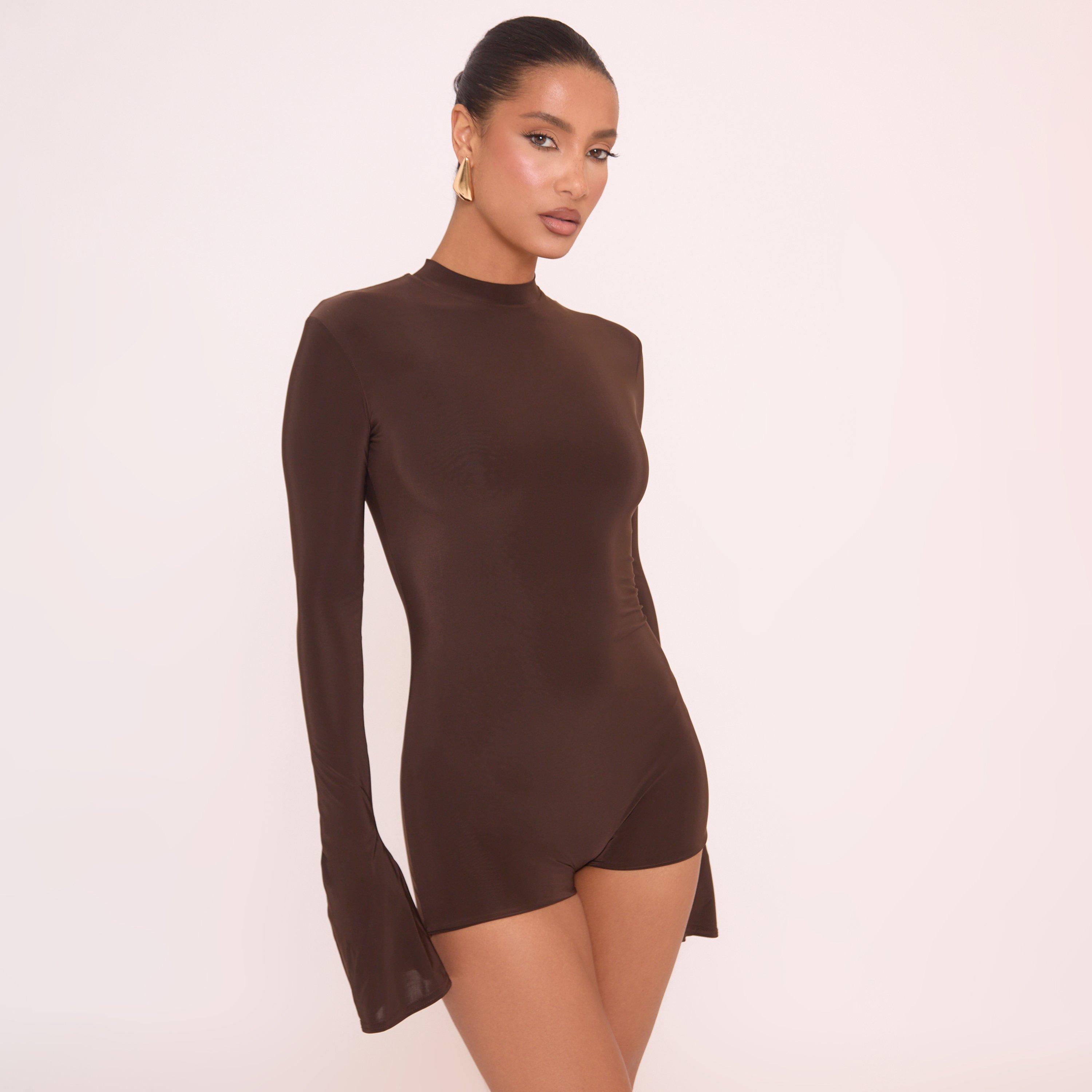 Long Flute Sleeve Double Layered Playsuit In Brown Slinky, Women's Size UK 6