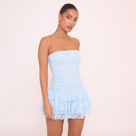Bandeau Frill Hem Mini Dress In Blue Lace, Women's Size US