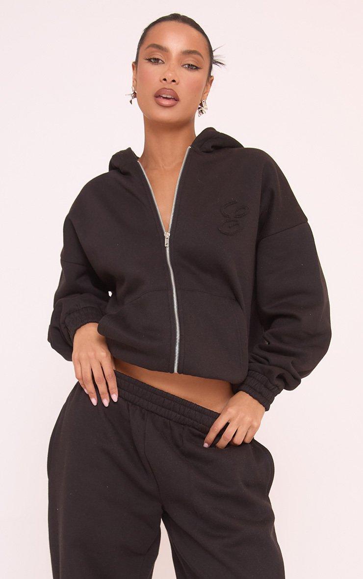 Long Sleeve Embroidered 'E' Detail Zip Up Front Hoodie In Black