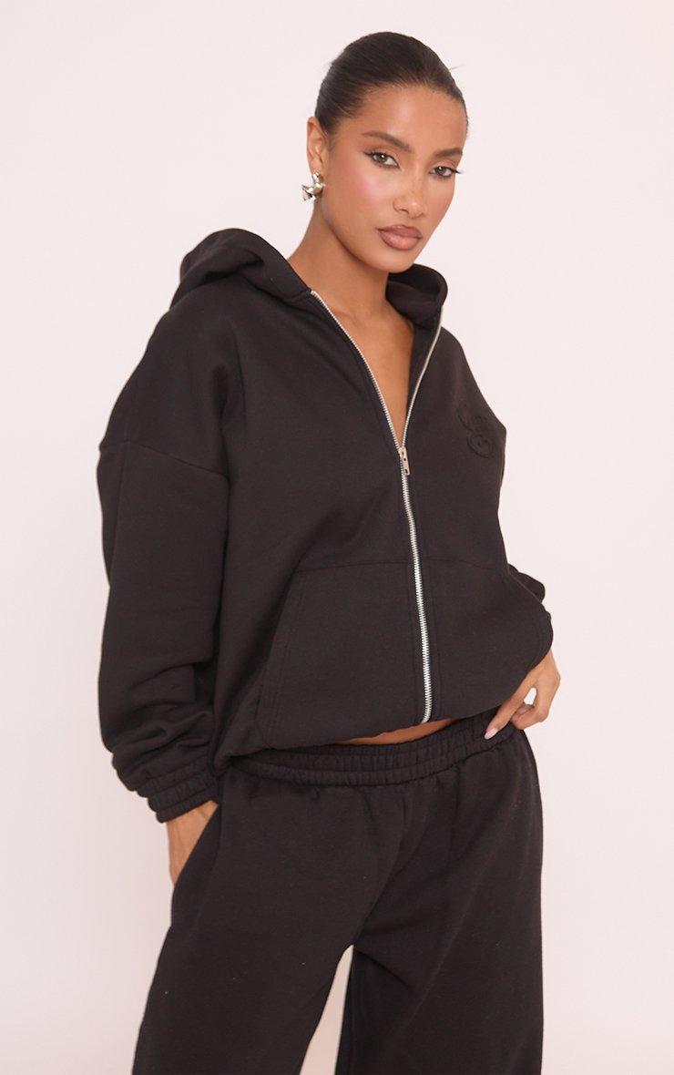 Long Sleeve Embroidered 'E' Detail Zip Up Front Hoodie In Black