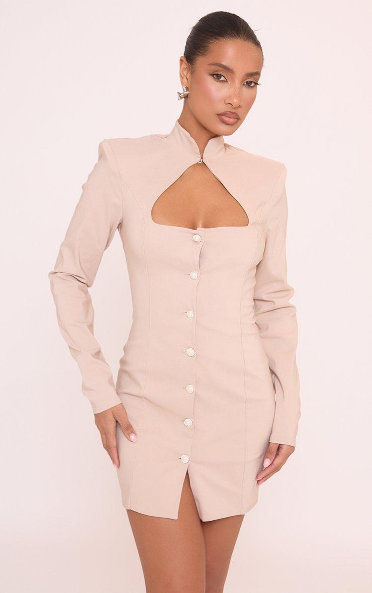 Long Sleeve High Neck Pearl Button Detail Blazer Mini Dress In Stone | EGO  US | EGO
