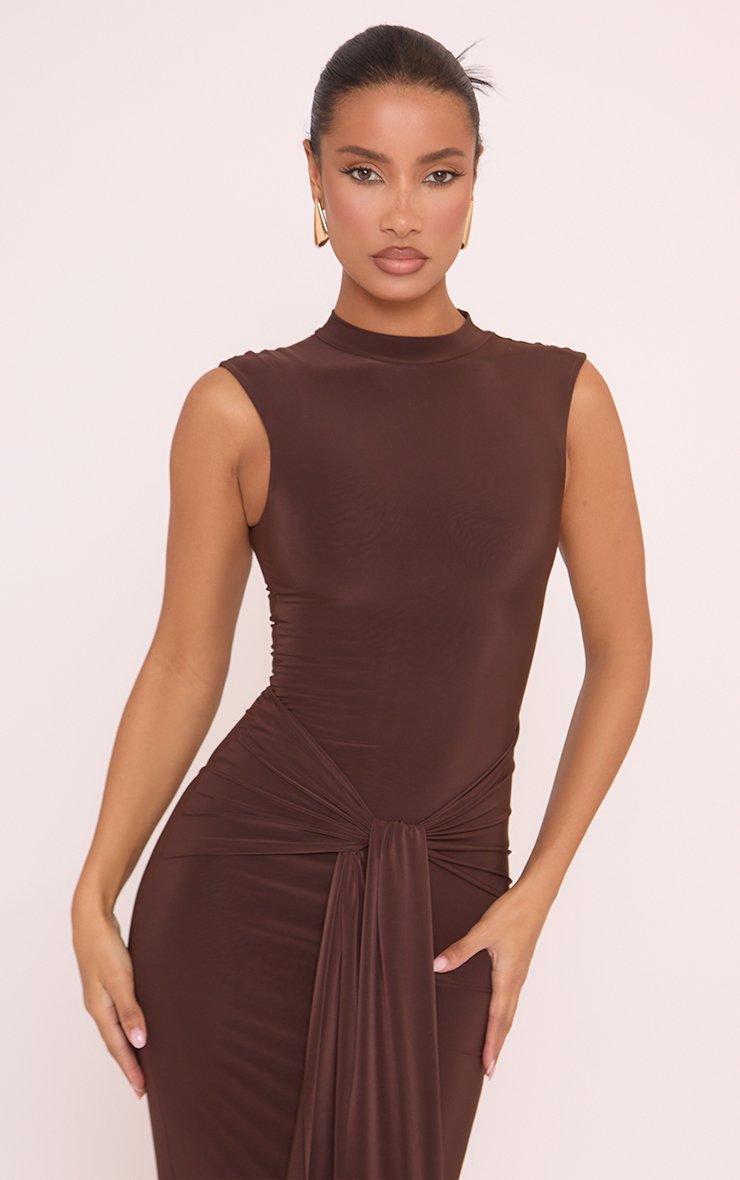 High Neck Sleeveless Tied Front Maxi Dress In Brown | EGO US | EGO