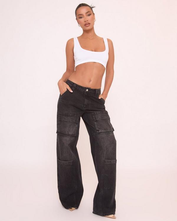 Low Rise Wide Leg Cargo Jeans In Black Denim