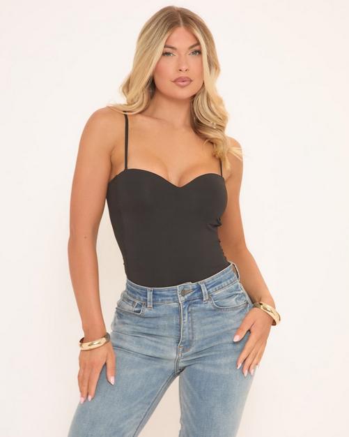 Sweetheart Neck Strappy Bodysuit In Black
