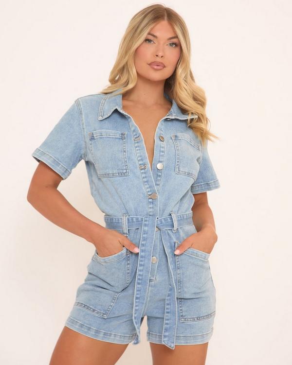 Short Sleeve Tie Waist Detail Button Front Collared Playsuit In Blue Denim