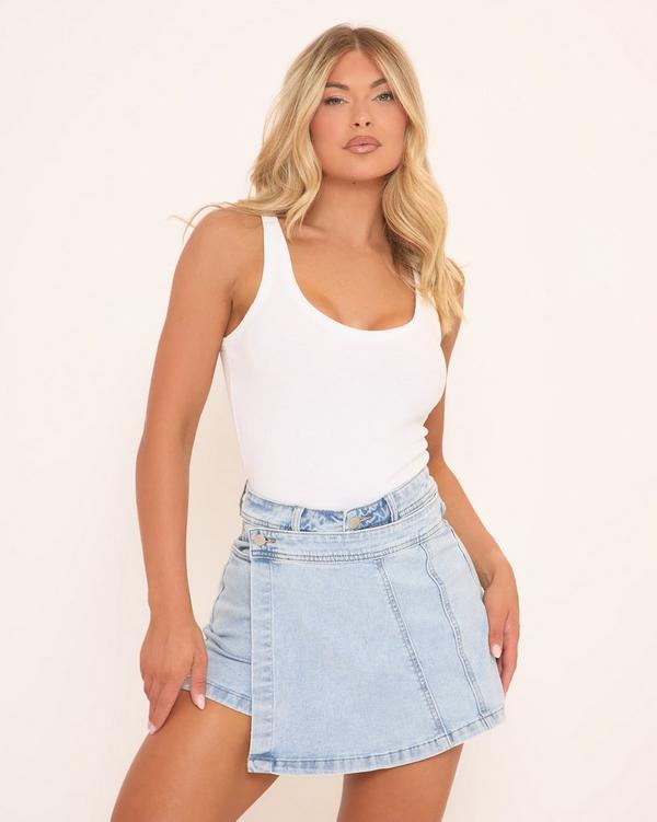 Mid Rise Seam Detail Wrap Over Skort In Blue Denim