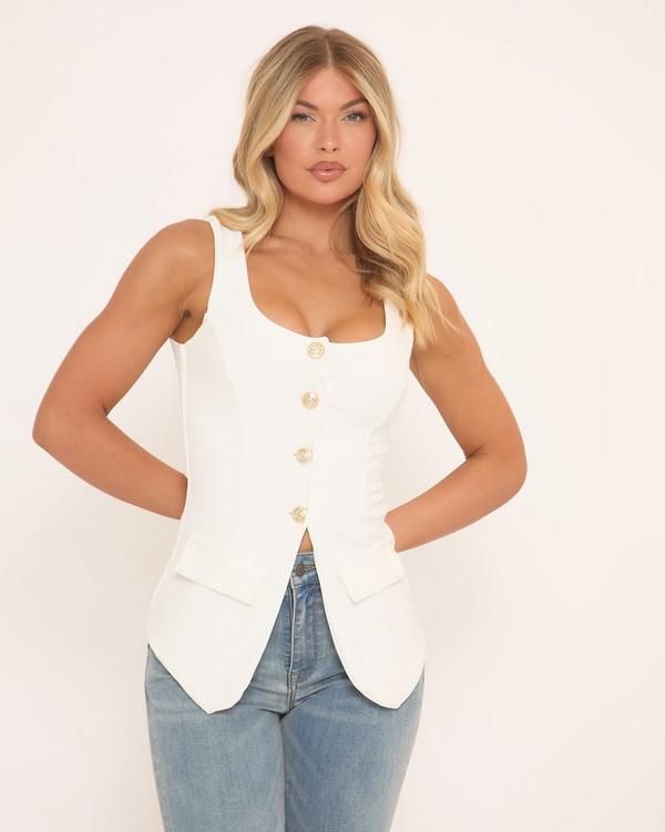 Sleeveless Button Front Split Detail Waistcoat In White